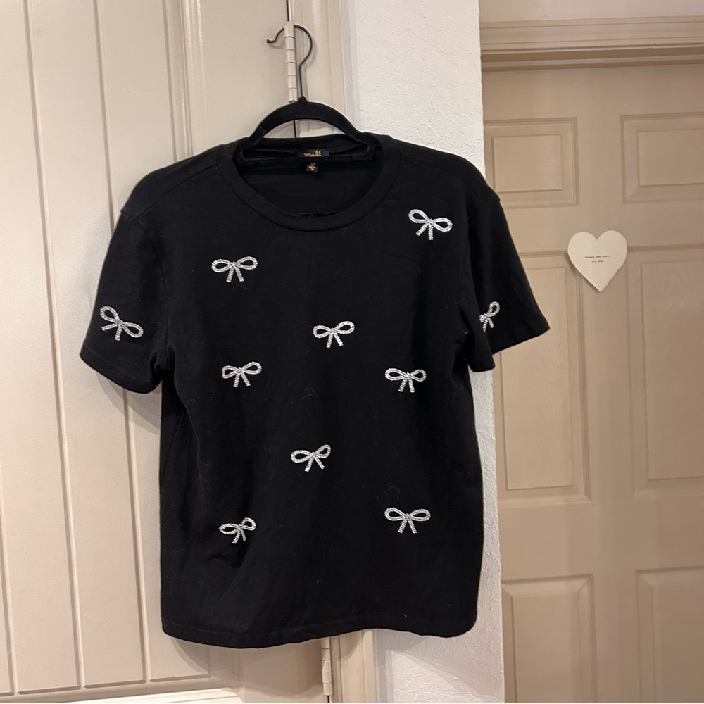 Black Short Sleeve Tee with White Bow Pattern